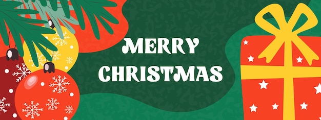 Banderas o carteles web de felicitación de Feliz Navidad con tipografía de ramas y bolas de abeto