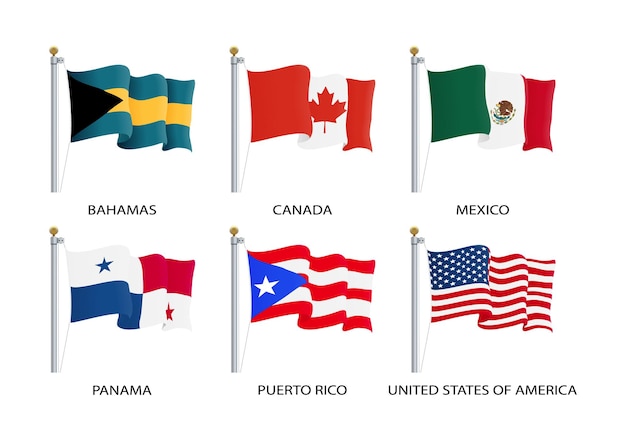 Vector banderas ondeantes realistas del continente de américa del norte ee. uu. canadá bahamas méxico panamá costa rica bandera en el asta de la bandera símbolos patrióticos ilustración vectorial aislada