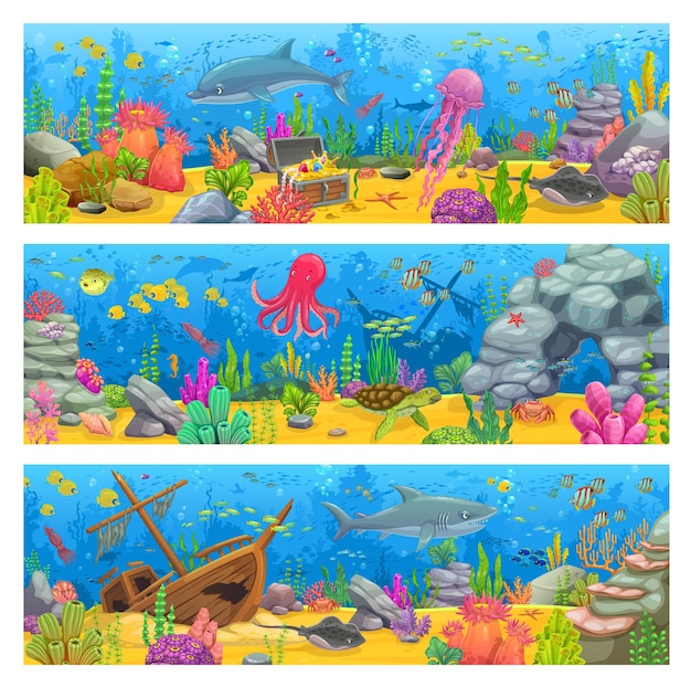 Banderas de paisajes submarinos de dibujos animados nivel del mar