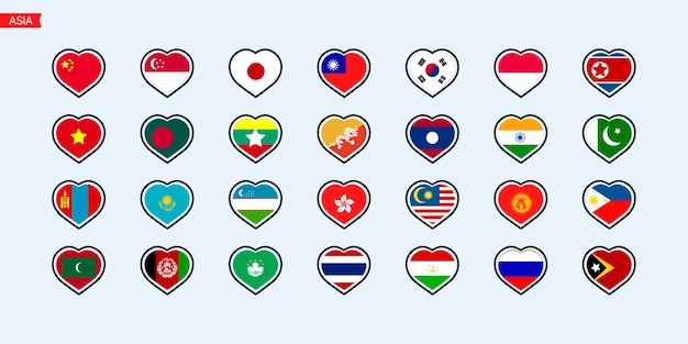 Banderas de los países del continente asiático Banderas aisladas del continente asiatico Banderas coloridas de los países en forma de corazones Iconos vectoriales