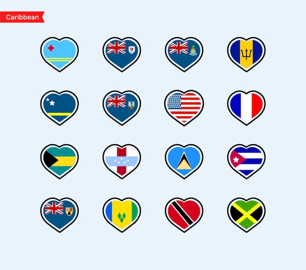 Banderas de los países del continente caribeño Banderas de colores de los países Banderas aisladas de los países caribeños en forma de corazones Iconos vectoriales