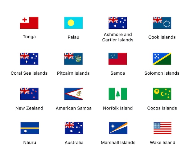 Vector banderas de los países continente de oceanía banderas aisladas del continente de oceanía banderas de colores países de oceanía iconos vectoriales