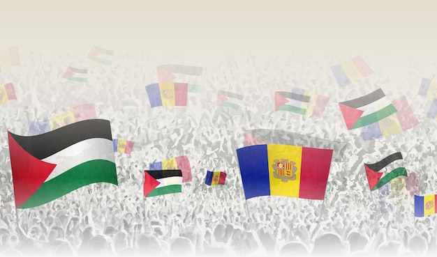 Banderas de Palestina y Andorra en una multitud de personas que aplauden