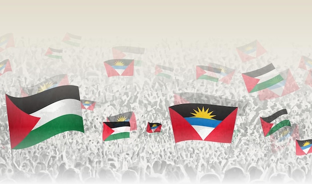 Banderas de Palestina y Antigua y Barbuda en una multitud de personas que aplauden