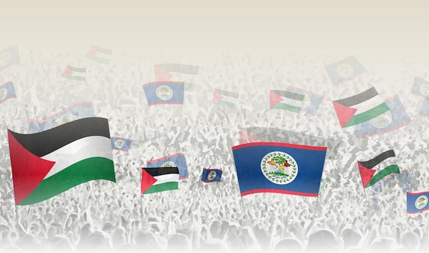 Banderas de Palestina y Belice en una multitud de personas que aplauden