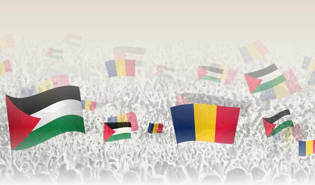 Banderas de Palestina y Chad en una multitud de personas que aplauden
