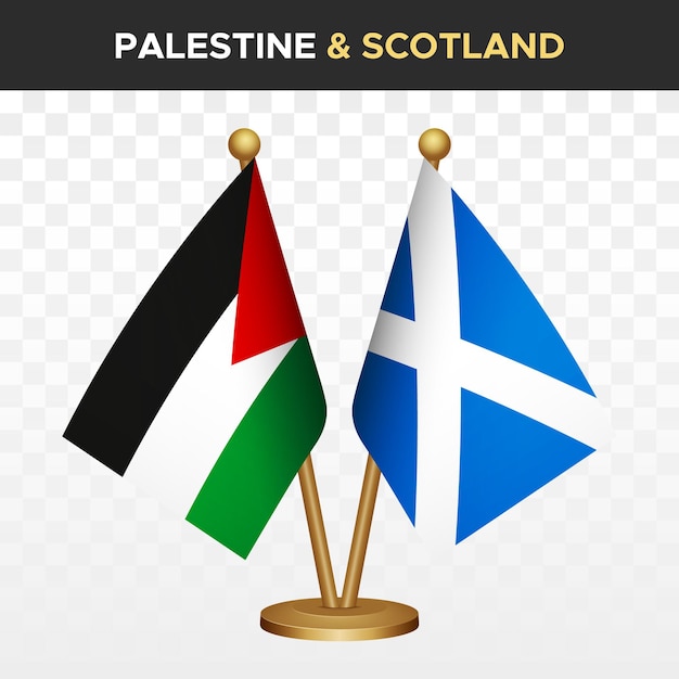 Las banderas de Palestina contra Escocia de escritorio de pie en 3D aisladas en blanco