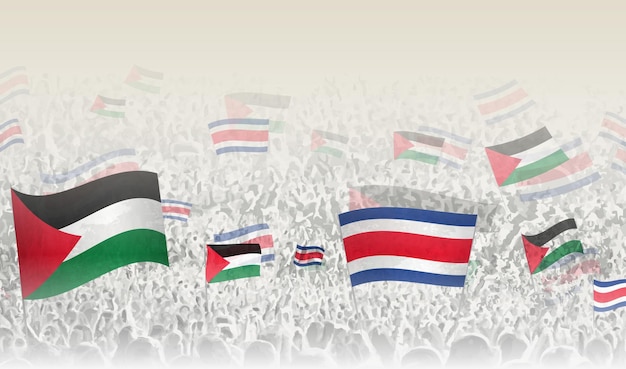 Banderas de Palestina y Costa Rica en una multitud de personas que aplauden