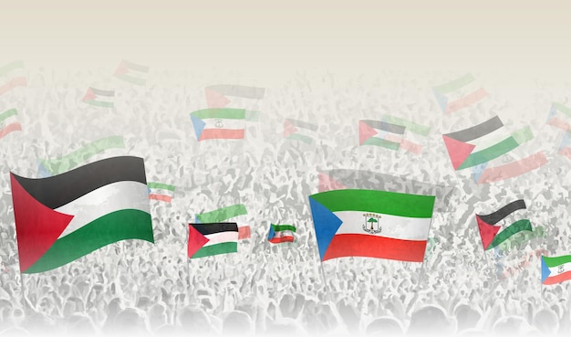 Banderas de Palestina y Guinea Ecuatorial en una multitud de personas que aplauden