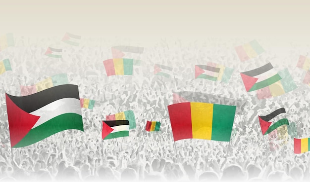 Banderas de Palestina y Guinea en una multitud de gente aplaudiendo