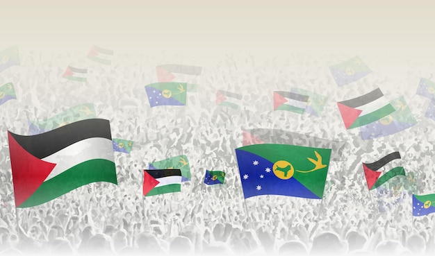 Las banderas de Palestina y la Isla de Navidad en una multitud de personas aplaudiendo