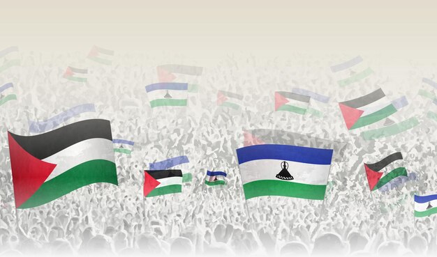Banderas de Palestina y Lesotho en una multitud de gente aplaudiendo