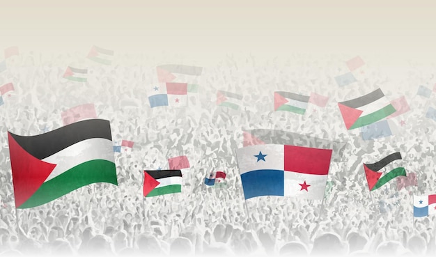 Banderas de Palestina y Panamá en una multitud de gente aplaudiendo
