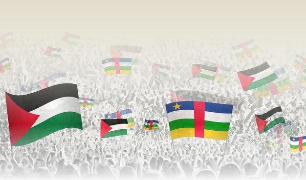 Banderas de Palestina y la República Centroafricana en una multitud de personas que aplauden