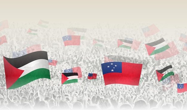 Banderas de Palestina y Samoa en una multitud de personas que aplauden