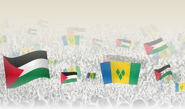 Las banderas de Palestina y San Vicente y las Granadinas en una multitud de personas que aplauden