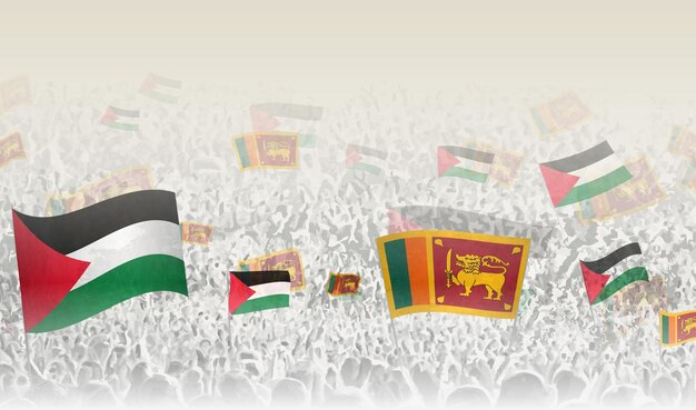 Banderas de Palestina y Sri Lanka en una multitud de personas que aplauden