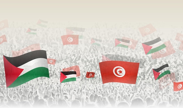 Banderas de Palestina y Túnez en una multitud de gente aplaudiendo