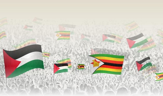 Banderas de Palestina y Zimbabue en una multitud de gente aplaudiendo