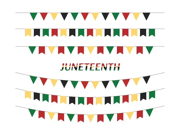 Banderas del partido Juneteenth aisladas Conjunto vectorial de guirnaldas y empavesados del Día de la Libertad en colores africanos tradicionales Colección de banderas triangulares y rectangulares Juneteenth