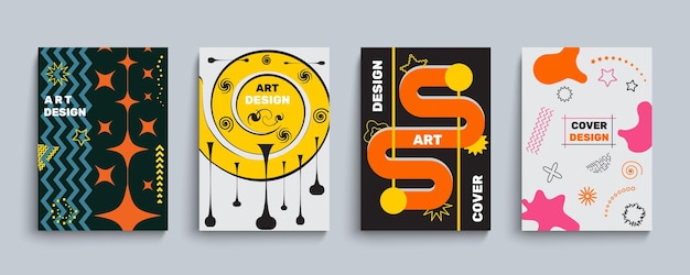 Banderas de patrón geométrico Pintura de música de arte con formas mínimas coloridas Obras de arte geométricas para carteles de conciertos o fiestas Figuras en espiral y estrellas de Memphis Conjunto de portadas abstractas vectoriales