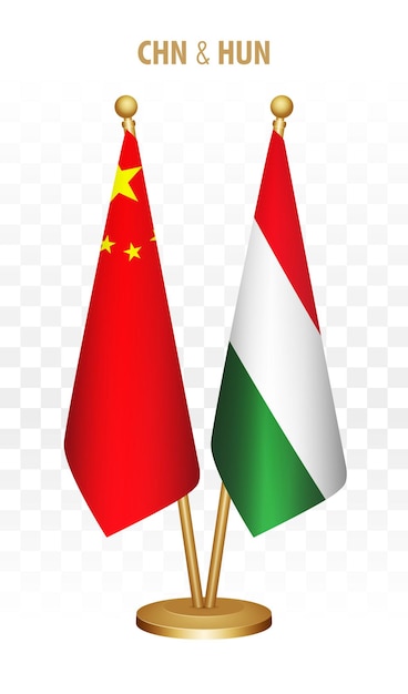 Banderas de pie de China y Hungría aisladas en la bandera blanca de escritorio chino