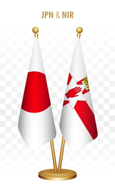 Banderas de pie de Japón e Irlanda del Norte aisladas en una bandera de escritorio japonesa blanca