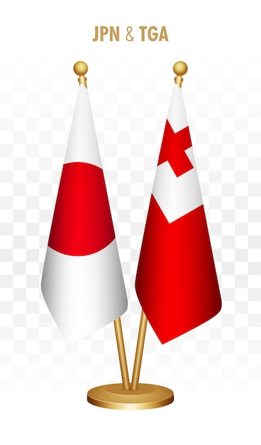Banderas de pie de Japón y Tonga aisladas en una bandera de escritorio japonesa blanca