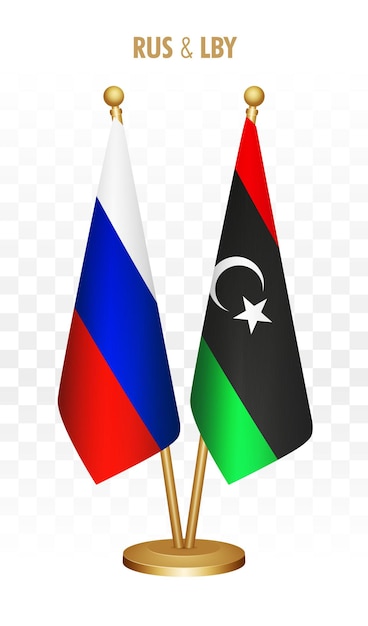 Banderas de pie de Rusia y Libia aisladas en la bandera blanca de escritorio rusa