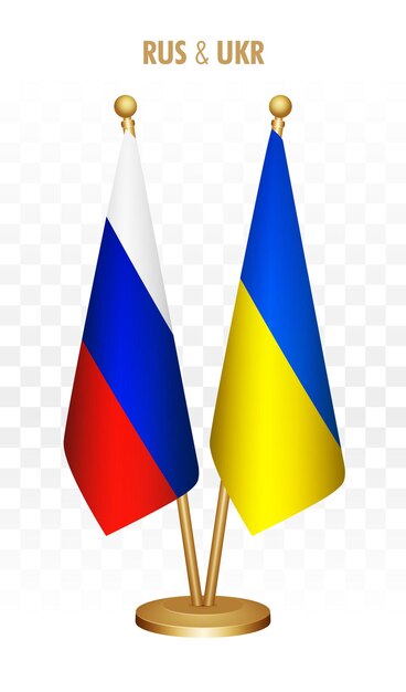Banderas de pie de Rusia y Ucrania aisladas en la bandera blanca de escritorio rusa
