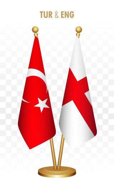 Banderas de pie de Turquía e Inglaterra aisladas en la bandera blanca de escritorio de Turkiye