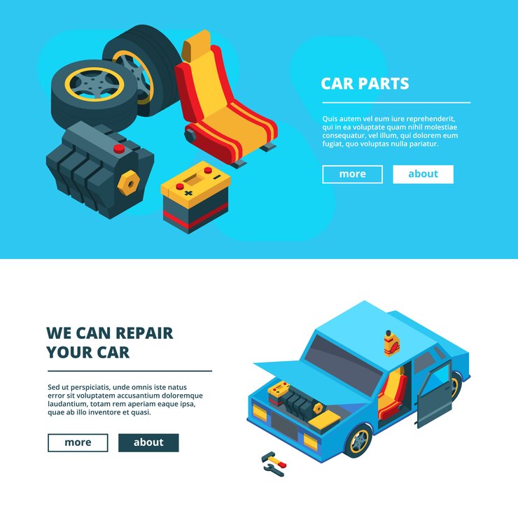 Vector banderas de piezas de automóviles. servicio automático con herramientas específicas transmisión motor engranaje ruedas acumulador baterías colección isométrica