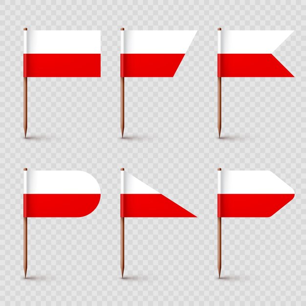 Vector banderas polacas de palillos de dientes souvenir de polonia palillos de dientes de madera con cartel de ubicación de la bandera de papel