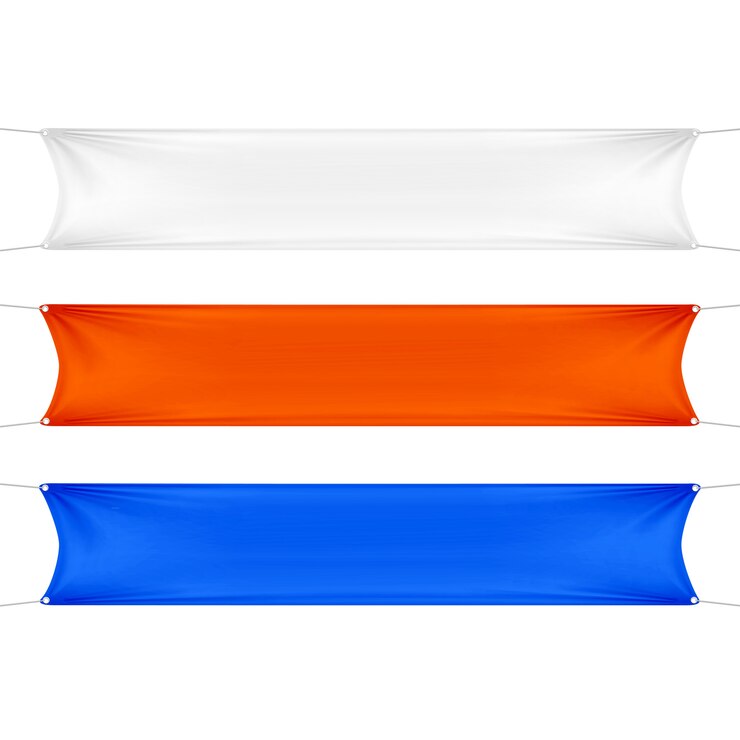 Vector banderas rectangulares horizontales vacías en blanco blanco, rojo y azul en blanco con cuerdas de esquinas.