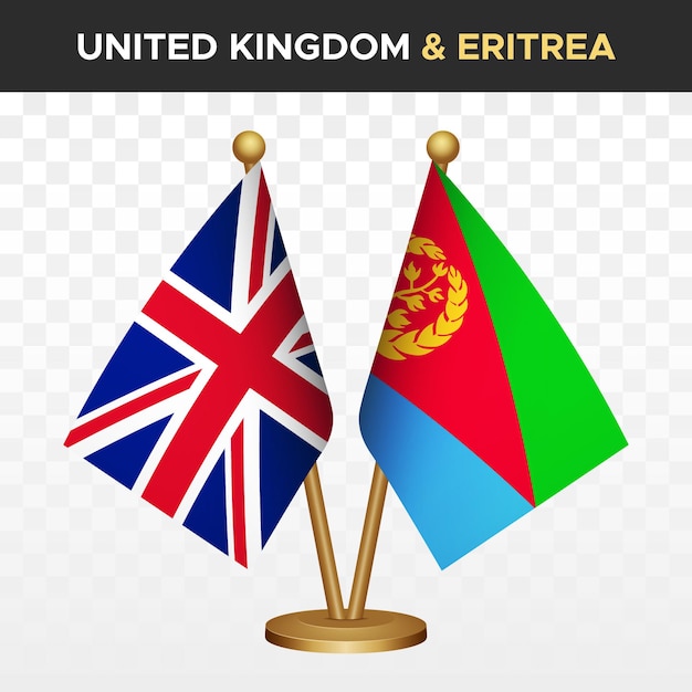 Las banderas del Reino Unido contra Eritrea 3D de escritorio de pie aisladas en blanco