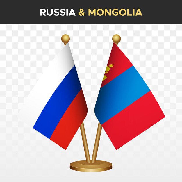 Banderas de Rusia contra Mongolia Bandera de mesa de pie rusa en 3D aislada en blanco