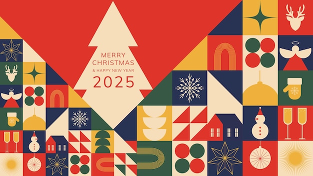 Banderas de saludos de Navidad con patrones geométricos modernos iconos retro coloridos de Año Nuevo Navidad