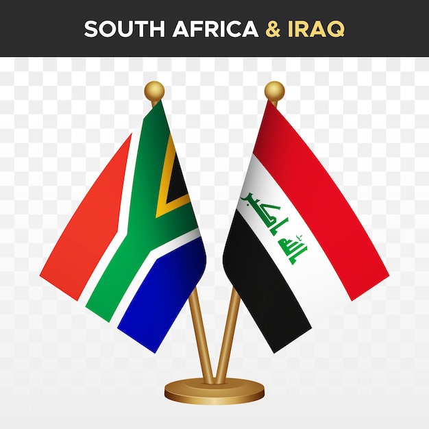 Las banderas de Sudáfrica contra Irak RSA 3d en el vector de la bandera de la mesa de pie