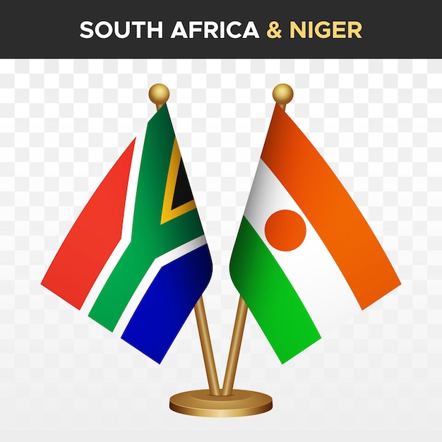 Las banderas de Sudáfrica contra Níger RSA 3d vector de banderas de escritorio de pie