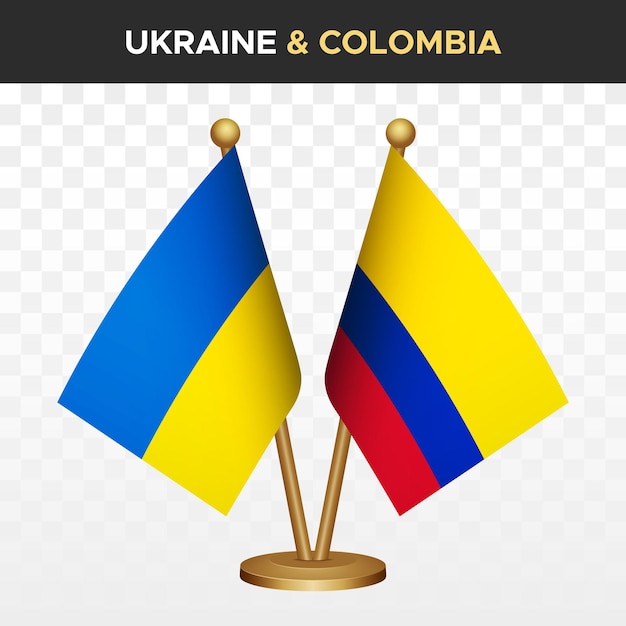 Las banderas de Ucrania contra Colombia Ilustración vectorial de la bandera de la mesa de pie ucraniana en 3D