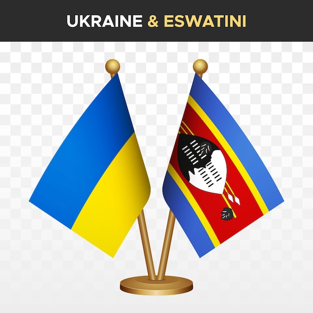Las banderas de Ucrania contra Eswatini Ilustración vectorial de la bandera de la mesa de pie ucraniana en 3D