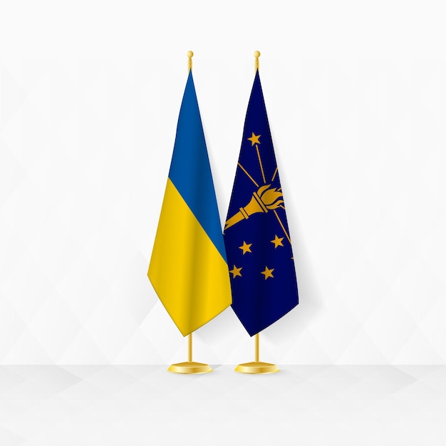 Banderas de Ucrania e Indiana en el pedestal ilustración para la diplomacia y otras reuniones entre Ucrania e Indiana
