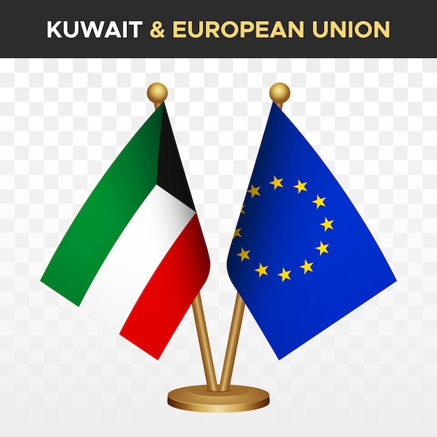 Las banderas de la Unión Europea 3D de mesa de pie de la bandera de Kuwait Ilustración vectorial
