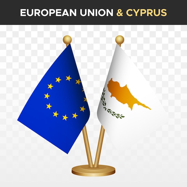 Las banderas de la Unión Europea contra Chipre 3D de escritorio de pie aisladas en blanco