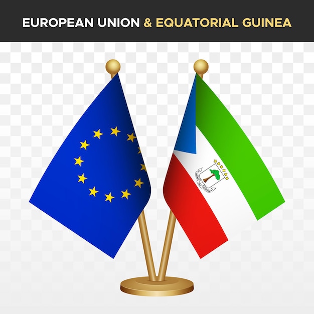 Las banderas de la Unión Europea contra Guinea Ecuatorial 3D de escritorio de pie aisladas en blanco