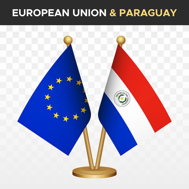 Las banderas de la Unión Europea contra Paraguay 3D de escritorio de pie aisladas en blanco