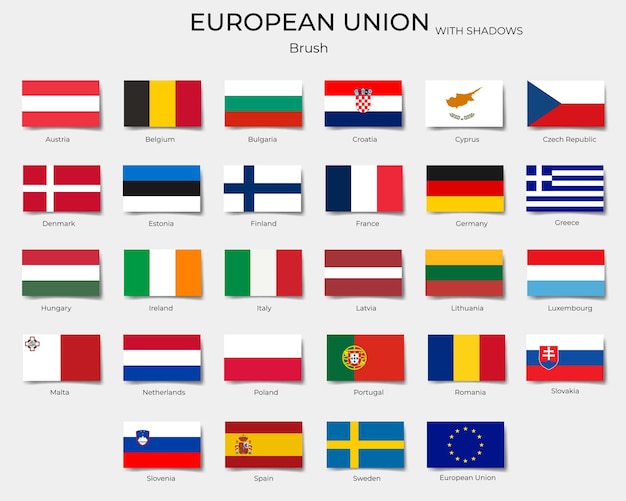 Banderas de la Unión Europea con sombras botones de banderas de la UE rectangulares