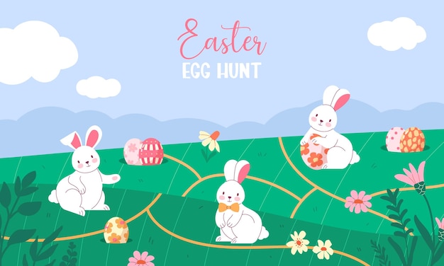Banderas vectoriales de caza de huevos de Pascua con conejitos lindos en un campo verde Fondo vectorial de niños lindos