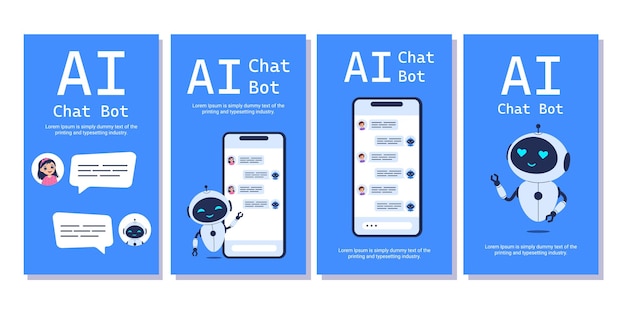 Banderas verticales para el concepto de chatbot con un robot y mensajero en el teléfono Conjunto de ilustraciones vectoriales para aplicaciones de comunicación de tecnología de IA y diseños de asistencia digital