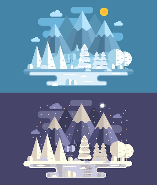 Banderas web con paisajes abstractos de invierno de día y noche, fondos de escenas forestales de lagos de montaña nevados con picos, estanques congelados, bosques y colinas en invierno, ilustración vectorial en diseño plano.